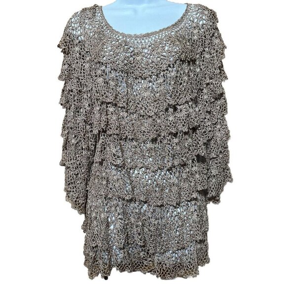 Womens Crochet Knit Tiered Top Size XL Lace Resort 70s Fishnet Fairycore Whimsi - Picture 1 of 5